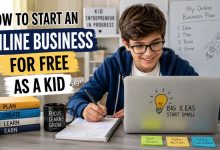 Kid using a laptop and notebook while learning how to start an online business for free as a kid
