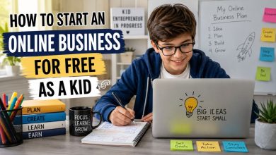 Kid using a laptop and notebook while learning how to start an online business for free as a kid