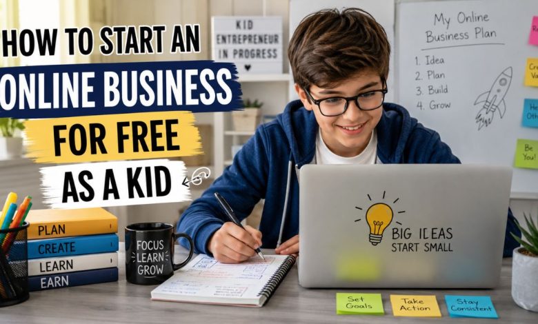 Kid using a laptop and notebook while learning how to start an online business for free as a kid