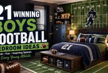 Boys football bedroom with football field wall mural and sports bedding