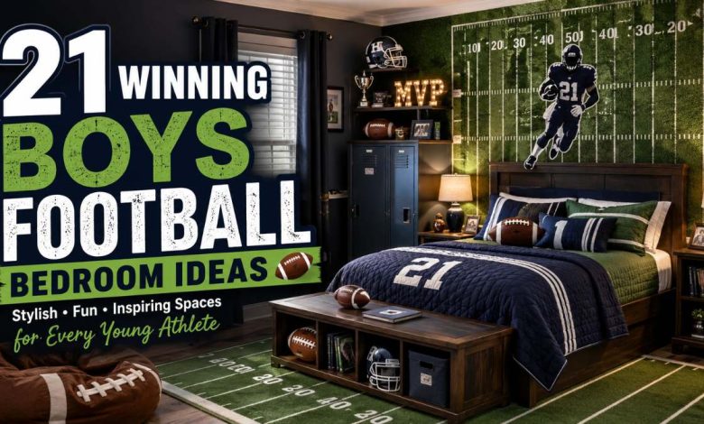 Boys football bedroom with football field wall mural and sports bedding