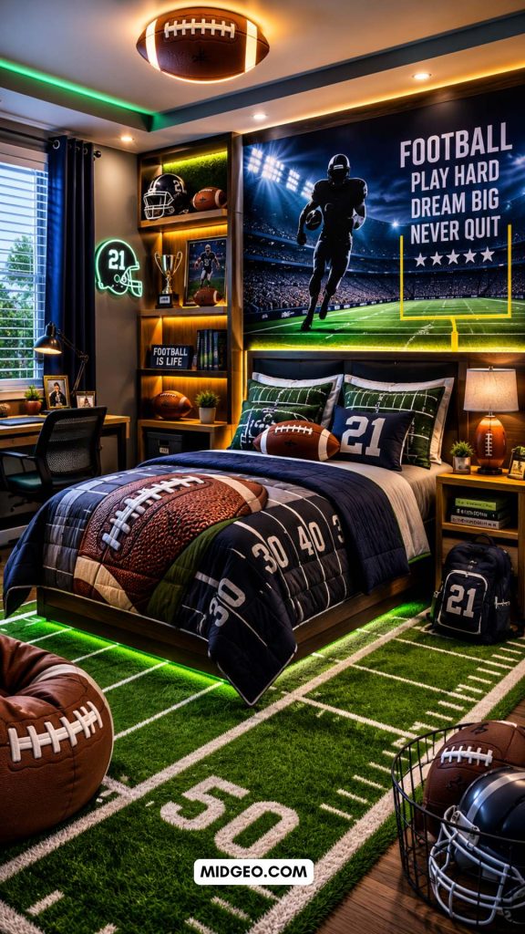 Football themed boys bedroom featuring turf rug and stadium inspired decor