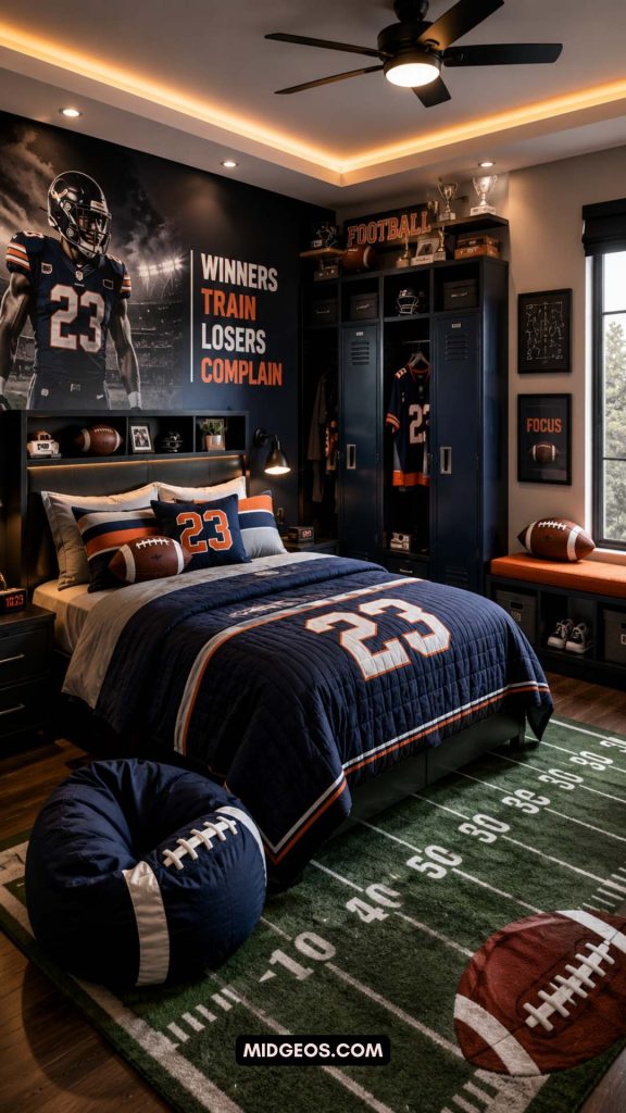 Modern boys football bedroom with team colors and locker style storage