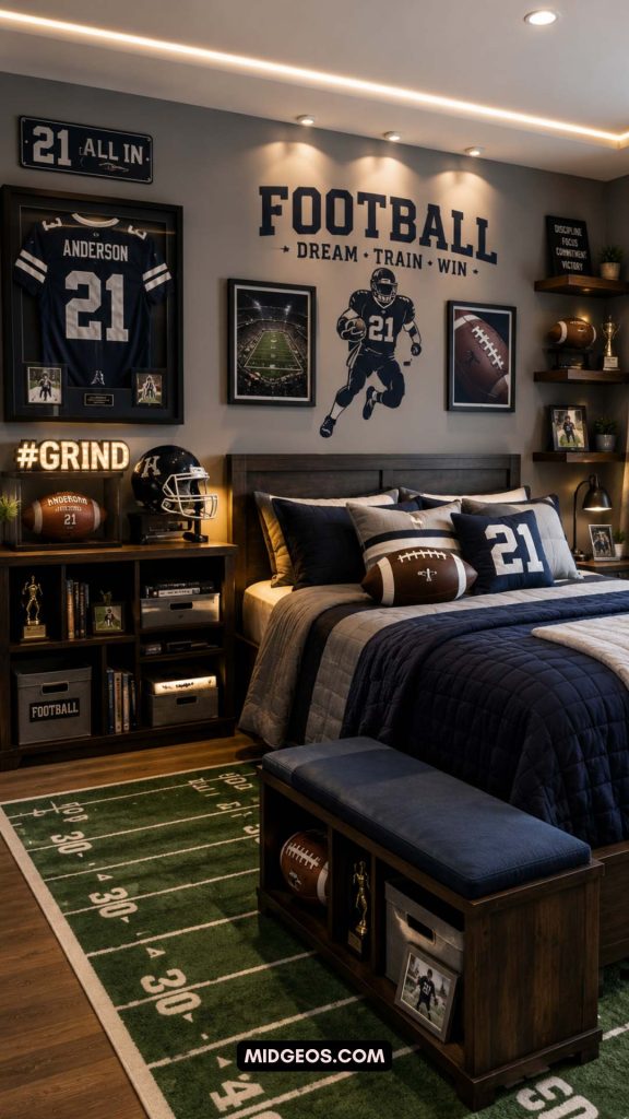 Sports themed bedroom with football wall art and personalized memorabilia display