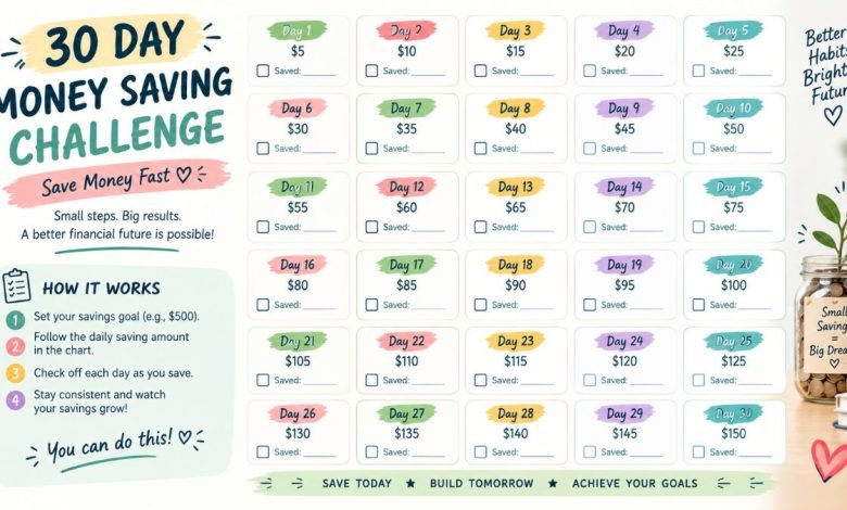 30 day money saving challenge printable chart to save money fast