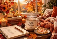 Fall morning routine for a cozy October lifestyle featuring a warm cup of coffee