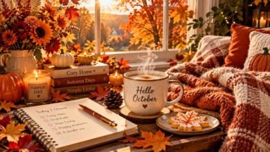 Fall morning routine for a cozy October lifestyle featuring a warm cup of coffee