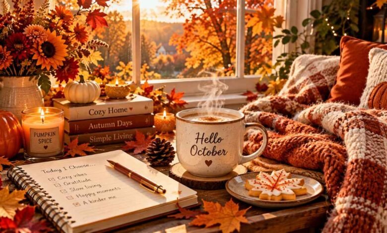Fall morning routine for a cozy October lifestyle featuring a warm cup of coffee