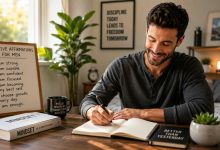 Man practicing positive affirmations for men during a peaceful morning routine while journaling and smiling confidently