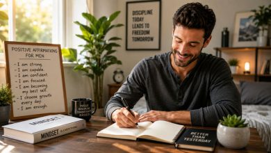 Man practicing positive affirmations for men during a peaceful morning routine while journaling and smiling confidently
