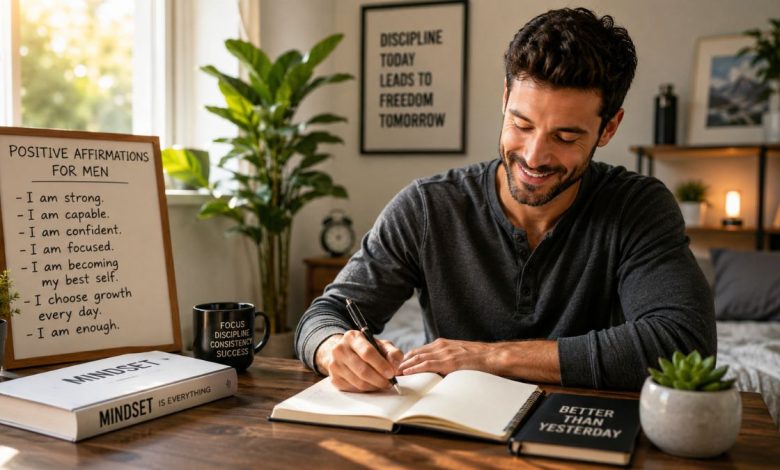 Man practicing positive affirmations for men during a peaceful morning routine while journaling and smiling confidently