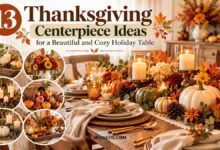 13 Thanksgiving centerpiece ideas featuring pumpkins, autumn flowers, candles, and cozy seasonal table decorations.