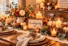 cozy friendsgiving table decor with pumpkins, eucalyptus, candles, and neutral linen table settings