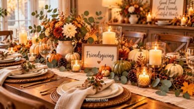 cozy friendsgiving table decor with pumpkins, eucalyptus, candles, and neutral linen table settings