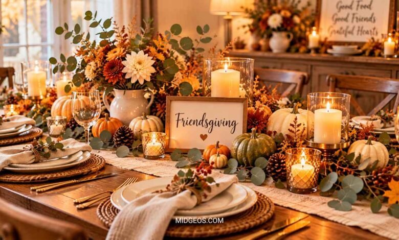cozy friendsgiving table decor with pumpkins, eucalyptus, candles, and neutral linen table settings