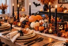 easy halloween table decoration with pumpkins black candles autumn leaves