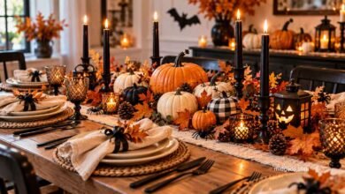 easy halloween table decoration with pumpkins black candles autumn leaves