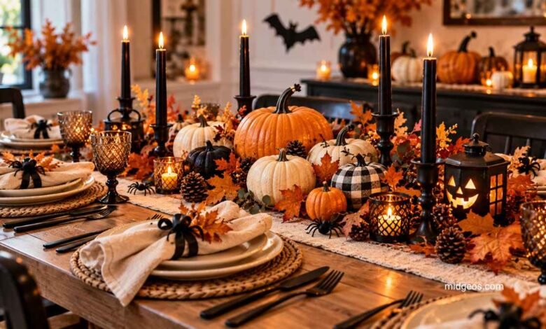 easy halloween table decoration with pumpkins black candles autumn leaves