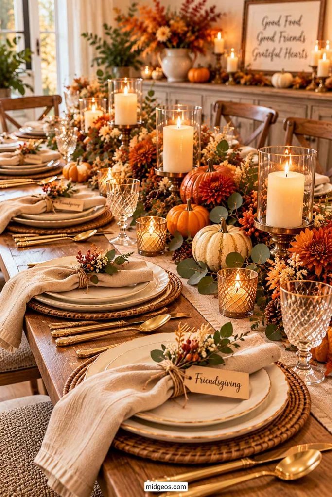 17 Cozy Thanksgiving Table Decor Ideas for Friendsgiving 2 elegant friendsgiving table setting with cream plates
