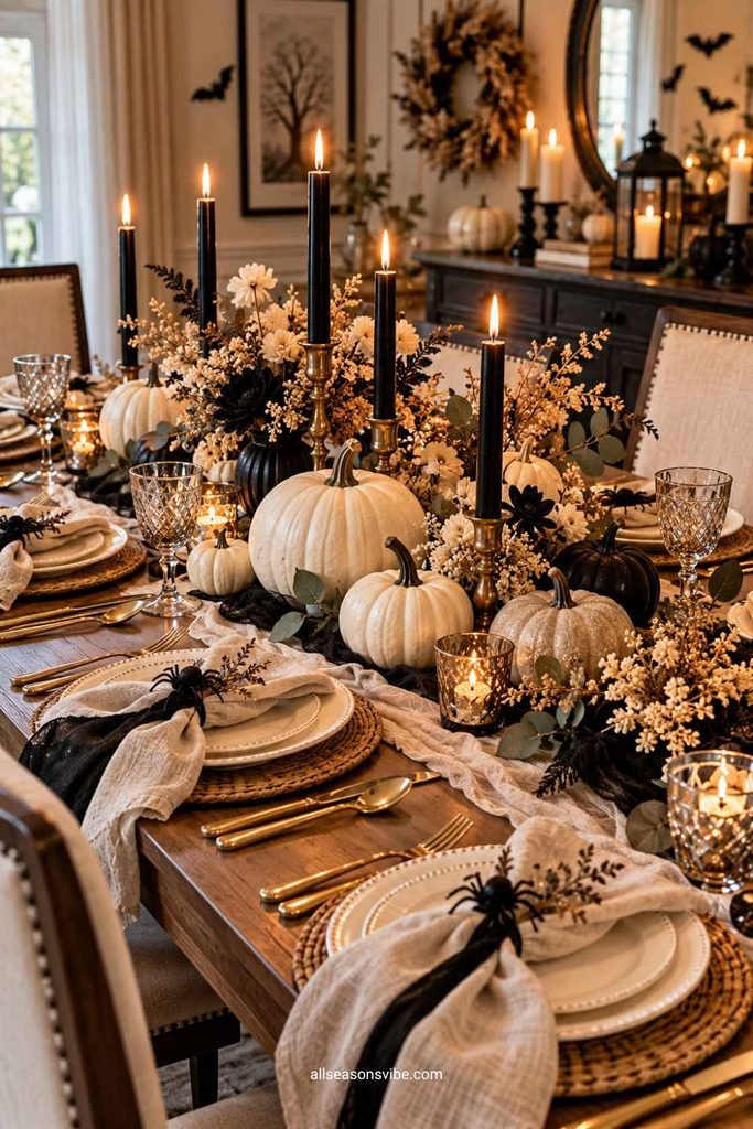 15 Neutral Halloween Tablescape Ideas for a Chic October Dinner 2 elegant neutral halloween dining table decorated with white pumpkins