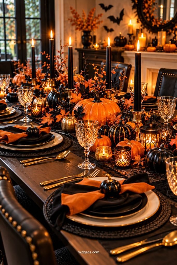 15 Easy Halloween Table Decorations for a Festive October Dinner 3 elegant orange and black halloween dinner table with pumpkins and candles