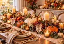 elegant thanksgiving table decorated with pumpkins, greenery, candles neutral place settings