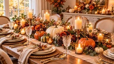21 Thanksgiving Decorations That Transform Your Dining Table 7 elegant thanksgiving table decorated with pumpkins, greenery, candles neutral place settings