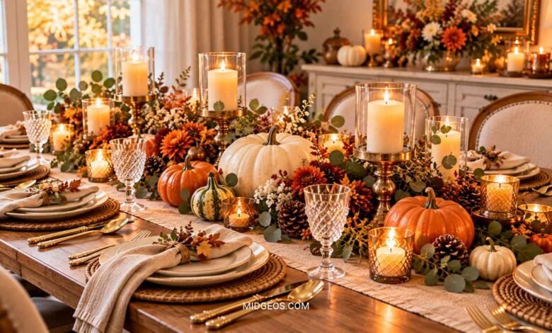 elegant thanksgiving table decorated with pumpkins, greenery, candles neutral place settings