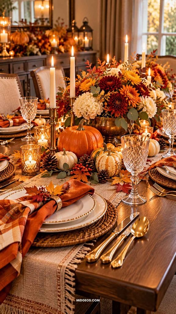 elegant traditional thanksgiving tablescape gold flatware seasonal flowers