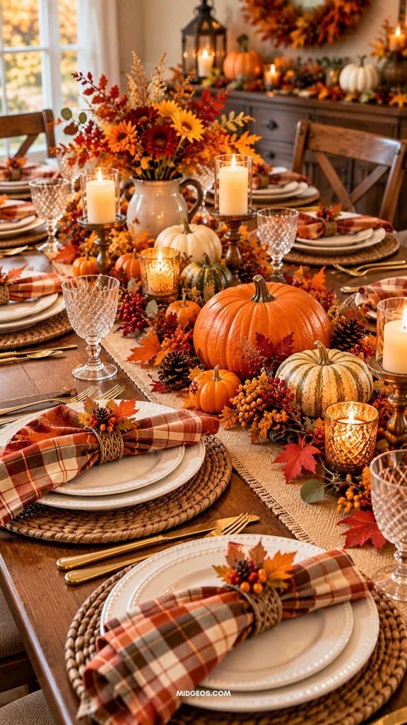elegant traditional thanksgiving tablescape with gold flatware seasonal flowers