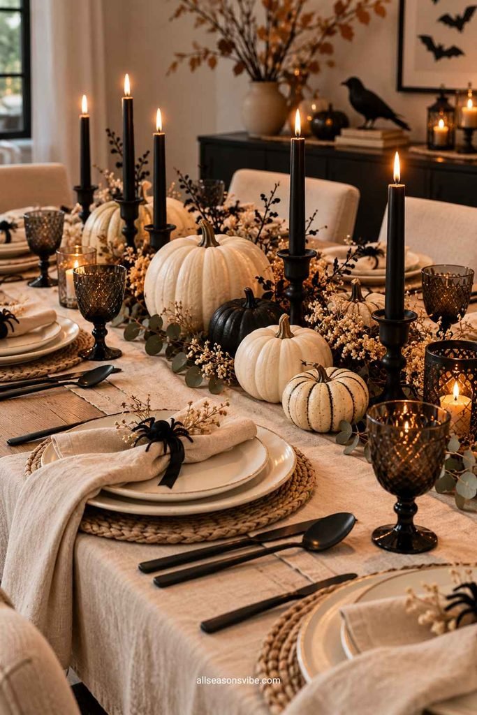15 Neutral Halloween Tablescape Ideas for a Chic October Dinner 3 minimalist halloween table setting with beige linens cream dinnerware, black accents and pumpkins