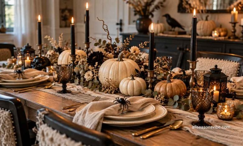 neutral halloween tablescape ideas for a chic october dinner