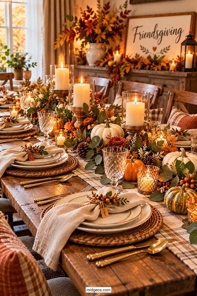 17 Cozy Thanksgiving Table Decor Ideas for Friendsgiving 3 rustic friendsgiving tablescape with wooden table, fall greenery, white pumpkins, candles, and warm autumn decor