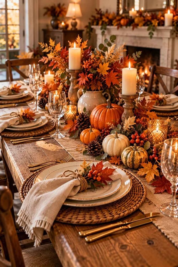 rustic thanksgiving dining table with fall leaves pumpkins linen napkins, and warm candlelight