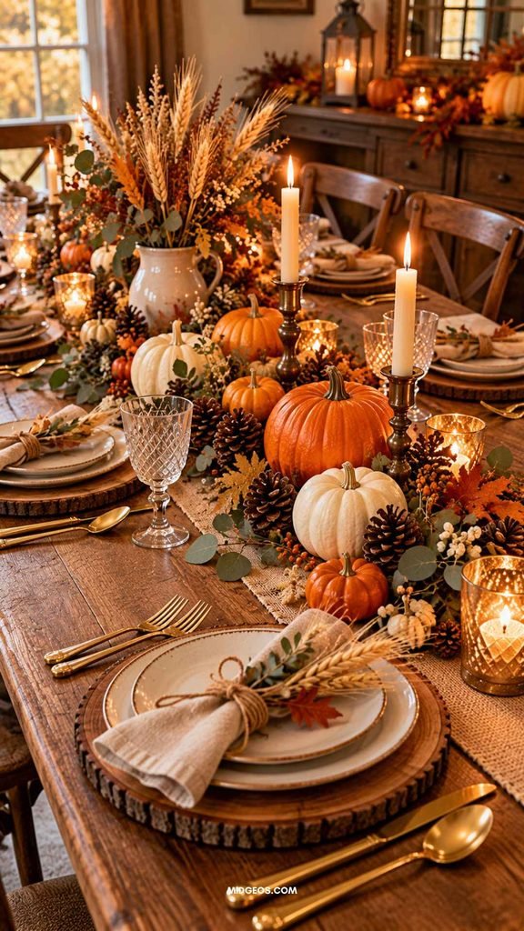 rustic thanksgiving table decorated with wooden chargers