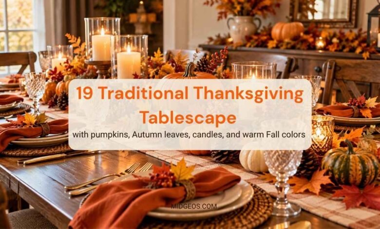 Traditional Thanksgiving tablescape with pumpkins, autumn leaves, candles, and warm fall colors