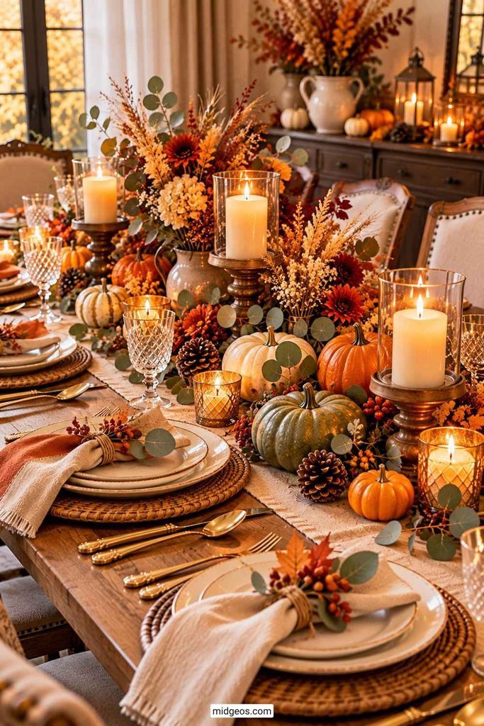 17 Cozy Thanksgiving Table Decor Ideas for Friendsgiving 4 warm thanksgiving table decorations featuring pumpkins, dried flowers, eucalyptus, candles